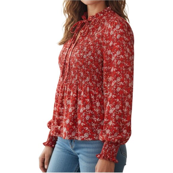 ROSE+OLIVE Red Cream Long Sleeve Floral Elastic Smocked Blouse - Size Small - Picture 1 of 14